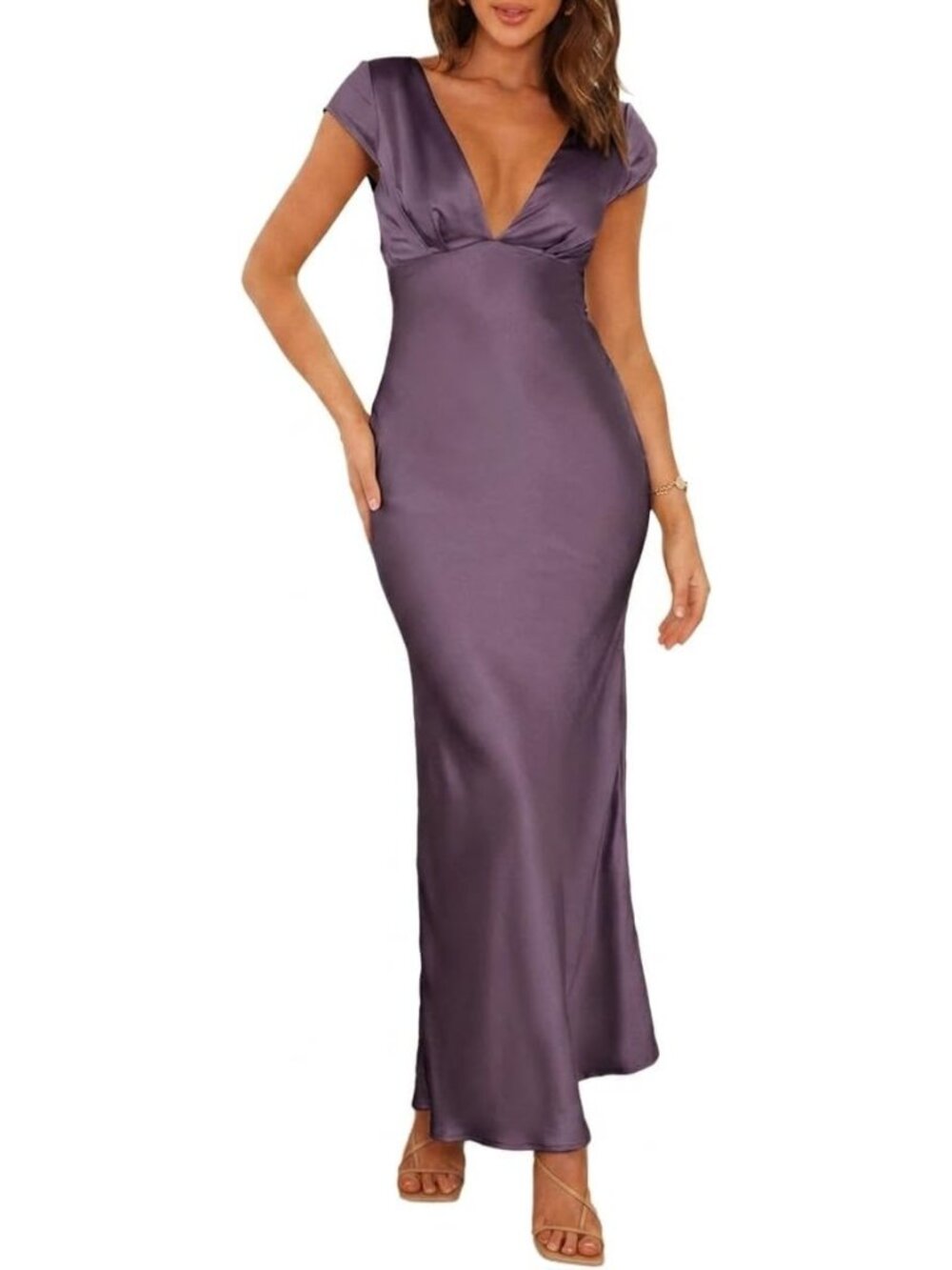 Women's Grape Summer Satin V Neck Cap Sleeve Backless Wedding Guest Midi Dresses